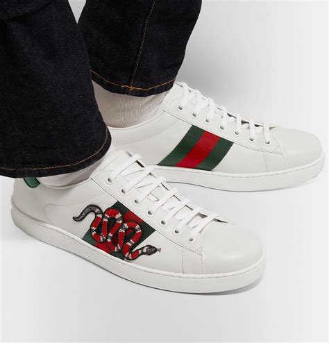 gucci ace watersnake-trimmed appliquéd metallic leather sneakers|gucci ace watersnake trim.